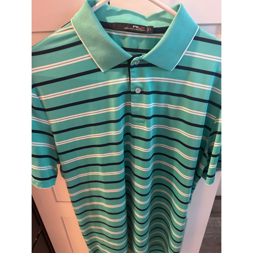 RLX Ralph Lauren Mens‎ Large Teal Green Striped Performance Golf Polo Shirt
